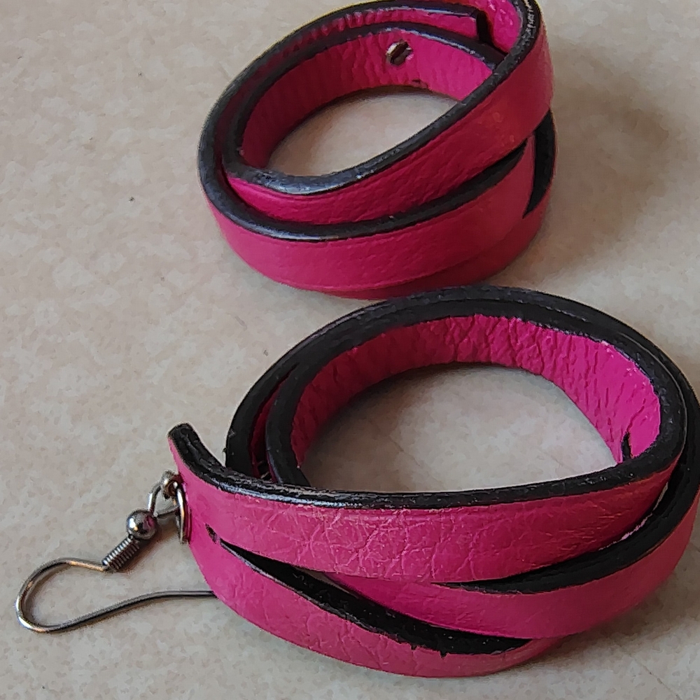 Pink and Black Leather Wrap Earrings